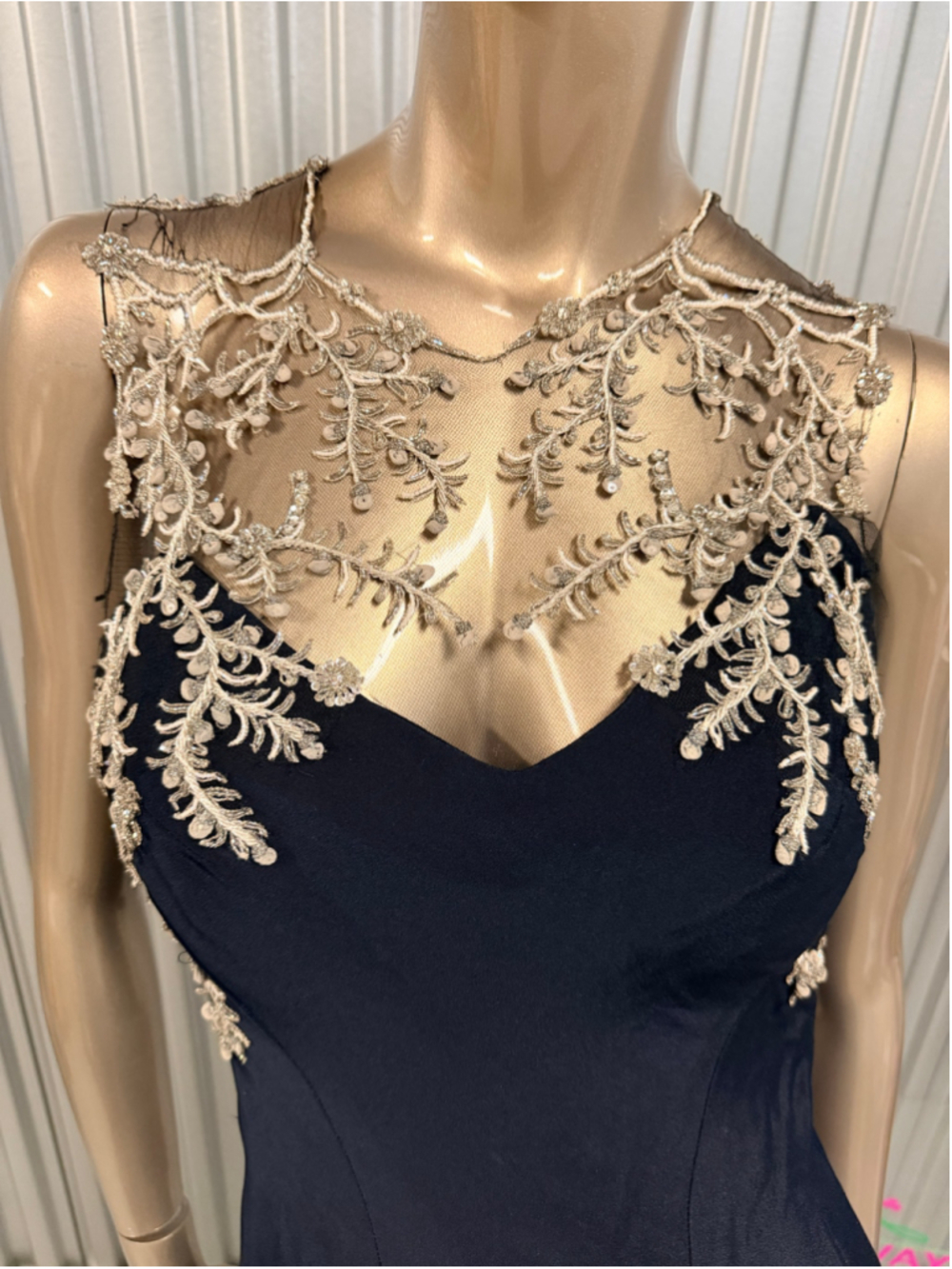Anna Maier Couture Navy Blue Formal Gown | Silver Embroidered Illusion Bodice | - Picture 16 of 17